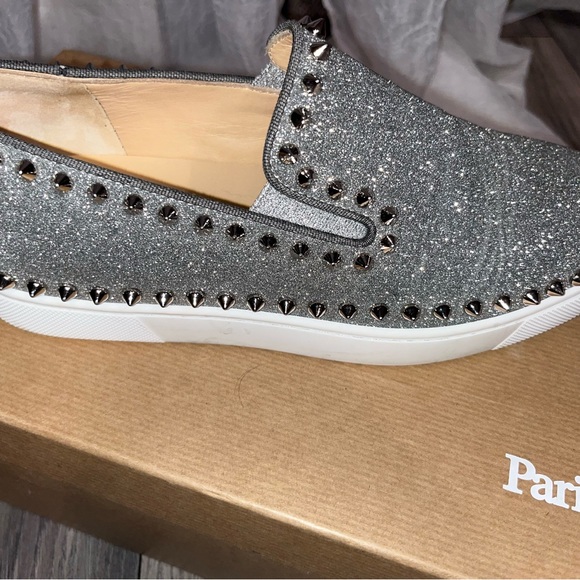 Christian Louboutin Calfskin Spikes Pik Boat Glitter Sneakers 37.5 Silver - Picture 6 of 6